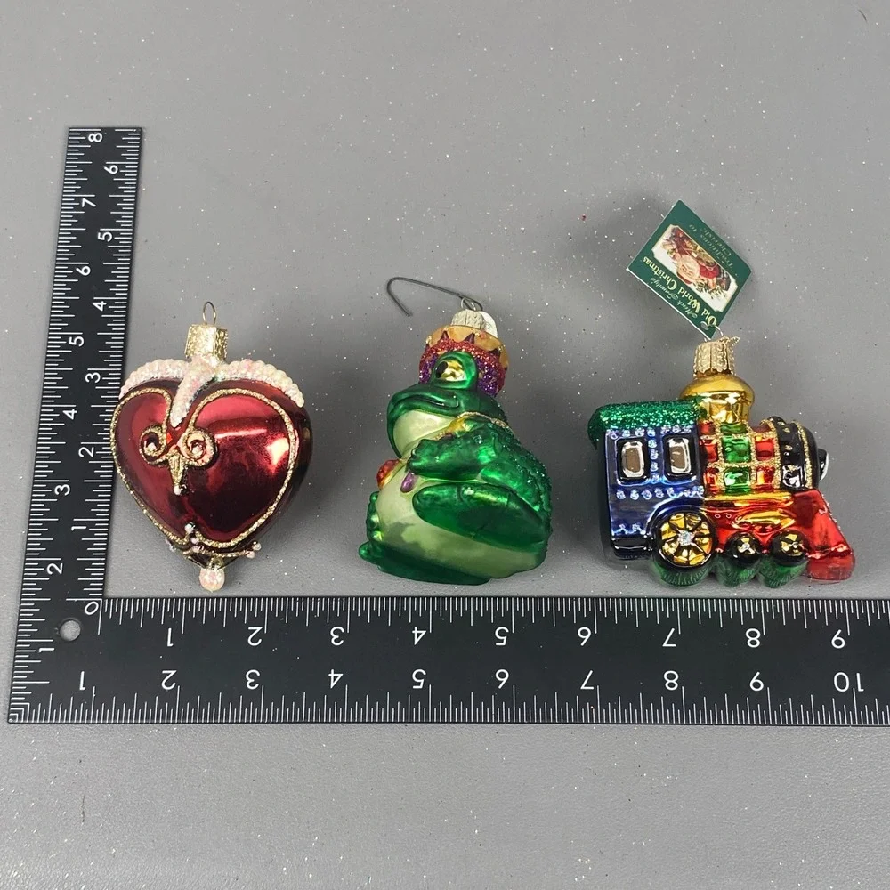 Old World Christmas Glass Ornaments Lot Frog Prince Train & Heart Glitter Set